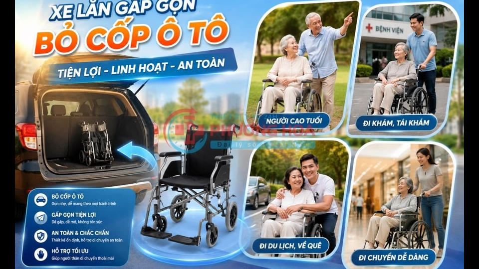 Xe lăn gập gọn bỏ cốp ô tô: Kinh nghiệm chọn mua đúng loại